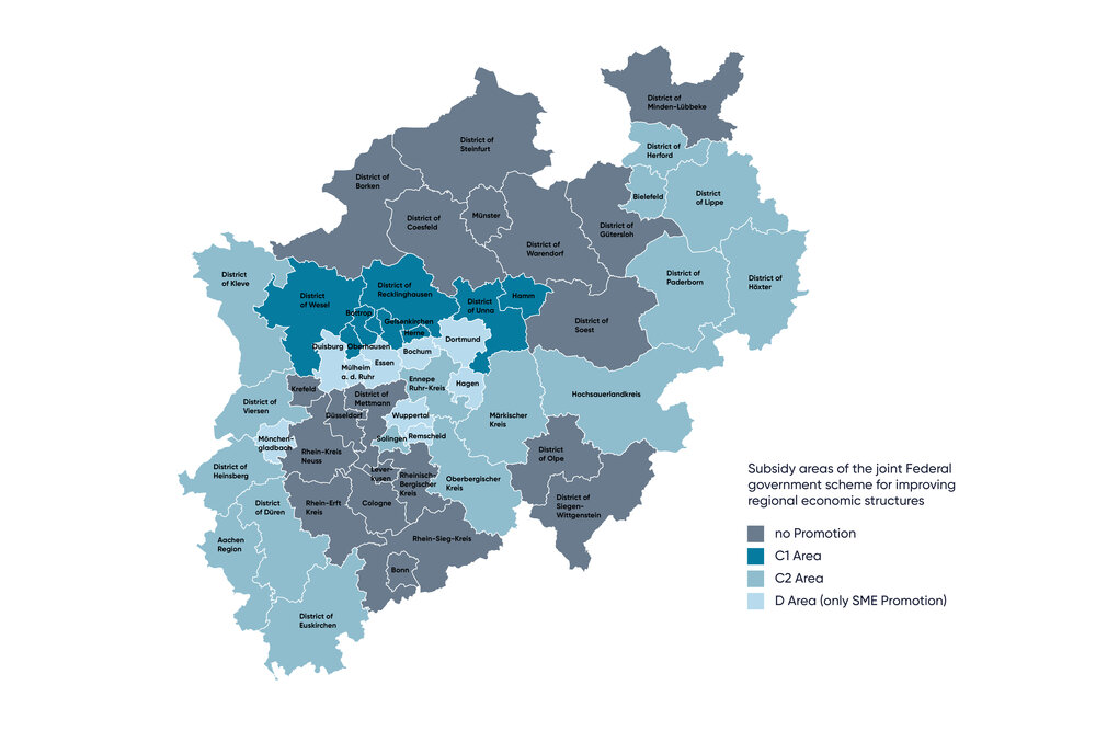 A graphic representation of a map of North Rhine-Westphalia, divided into individual regions or economic zones.