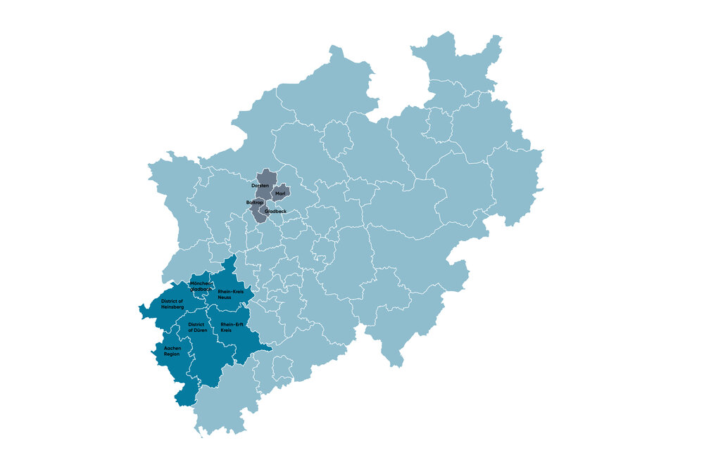 An infographic with an image of North Rhine-Westphalia, a region highlighted in dark blue.