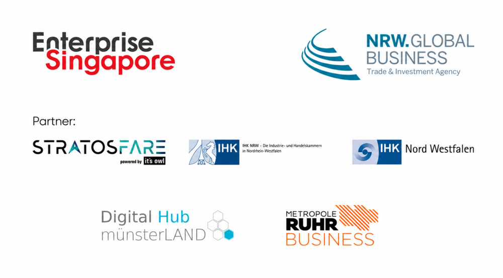 Grafik mit Logos von Enterprise Singapore, NRW.Global Business, STRATOSFARE, IHK NRW, IHK Nord Westfalen, Digital Hub münsterLAND und Metropole Ruhr Business.